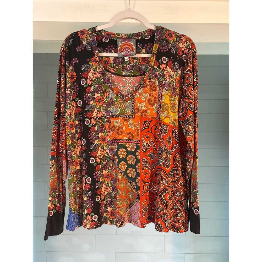 Johnny Was Patchwork Floral Paisley V-Neck Top  M